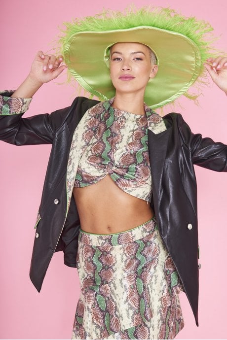 JAYLEY Black and Snake Print Eco Leather Blazer