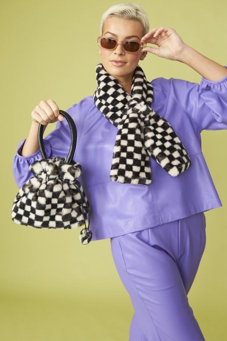 JAYLEY Black And White Checkered Faux Fur Bag Faux Fur Bag