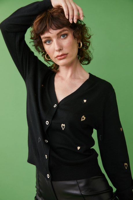 JAYLEY Black Cashmere Blend Cardigan with Embroidered Heart Design