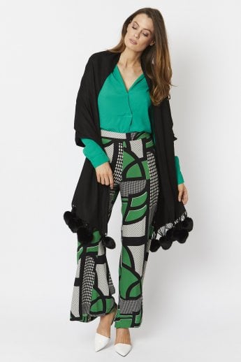 JAYLEY Black Cashmere Blend Wrap With Faux Fur Heart Poms