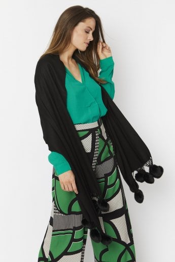 JAYLEY Black Cashmere Blend Wrap With Faux Fur Heart Poms