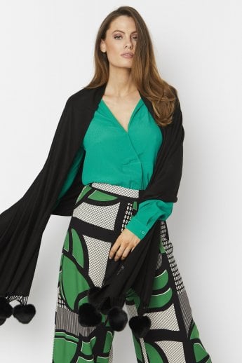 JAYLEY Black Cashmere Blend Wrap with Faux Fur Heart Poms