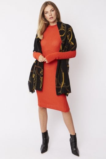 JAYLEY Black Cashmere & Silk Blend Wrap With Chain Print Design