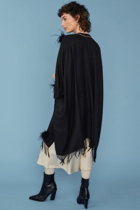JAYLEY Black Cashmere Wrap With Feathers