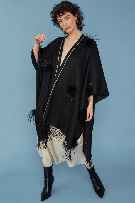 JAYLEY Black Cashmere Wrap With Feathers