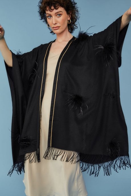 JAYLEY Black Cashmere Wrap with Feathers