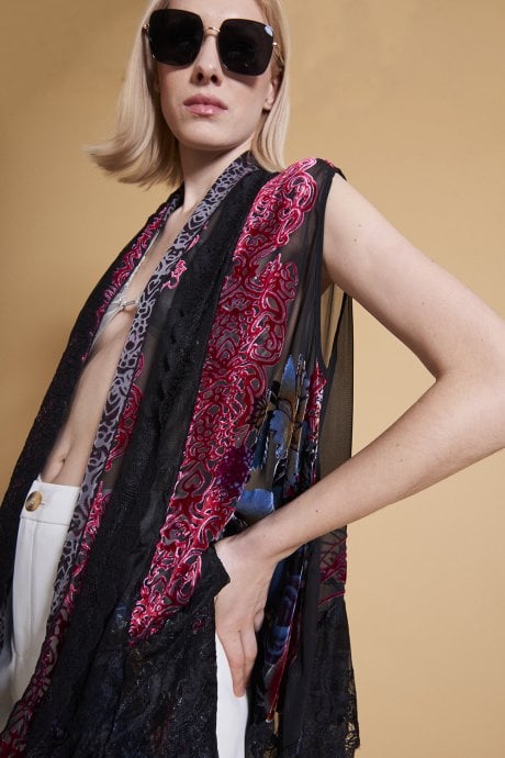JAYLEY Black Devore Sleeveless Open Front Kaftan With Lace Details