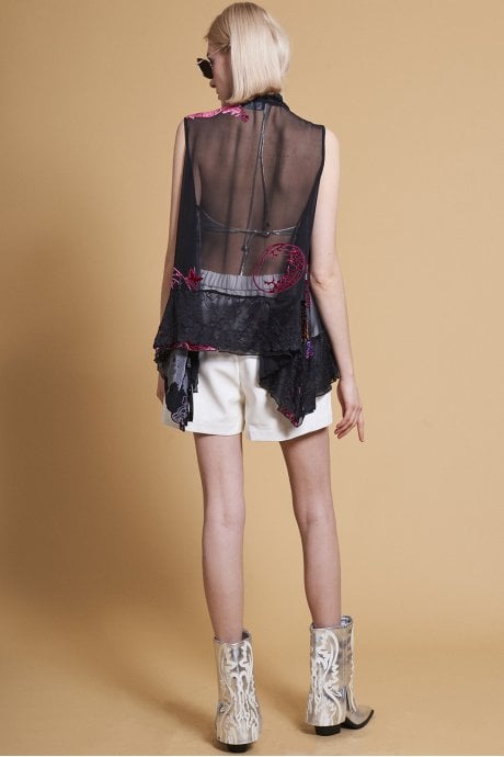 JAYLEY Black Devore Sleeveless Open Front Kaftan With Lace Details