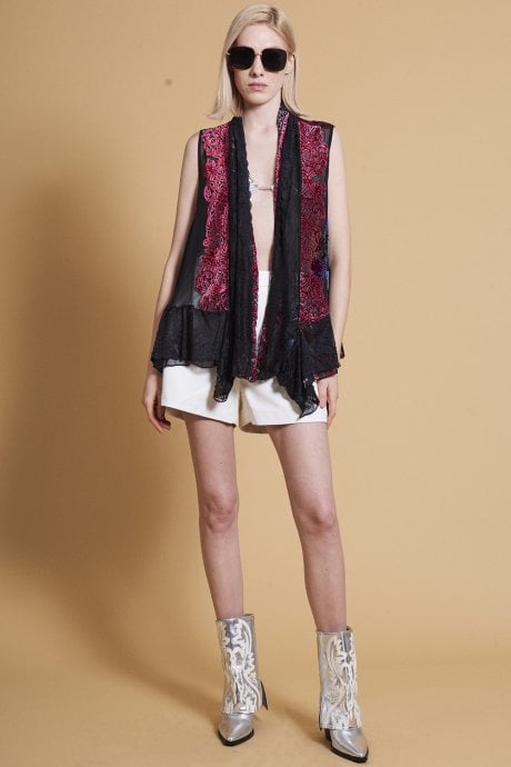 JAYLEY Black Devore Sleeveless Open Front Kaftan With Lace Details