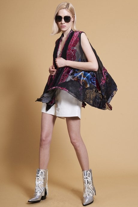 JAYLEY Black Devore Sleeveless Open Front Kaftan with Lace Details