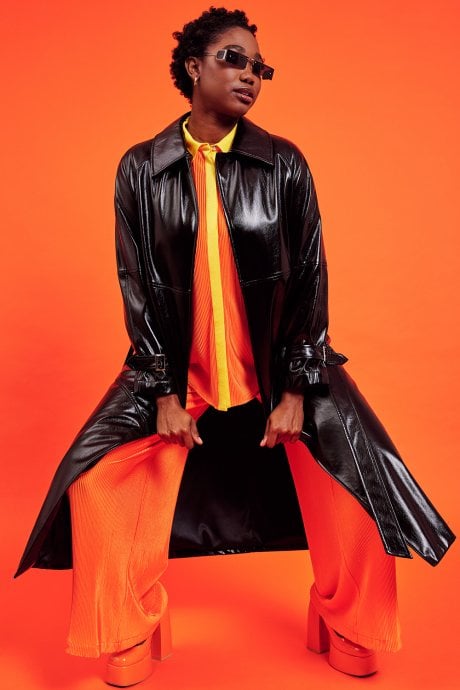 JAYLEY Black Eco Leather Trench Coat