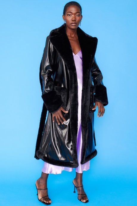 JAYLEY Black Faux Fur And Faux Suede Trench Coat