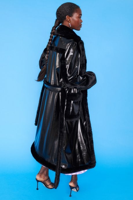 JAYLEY Black Faux Fur And Faux Suede Trench Coat