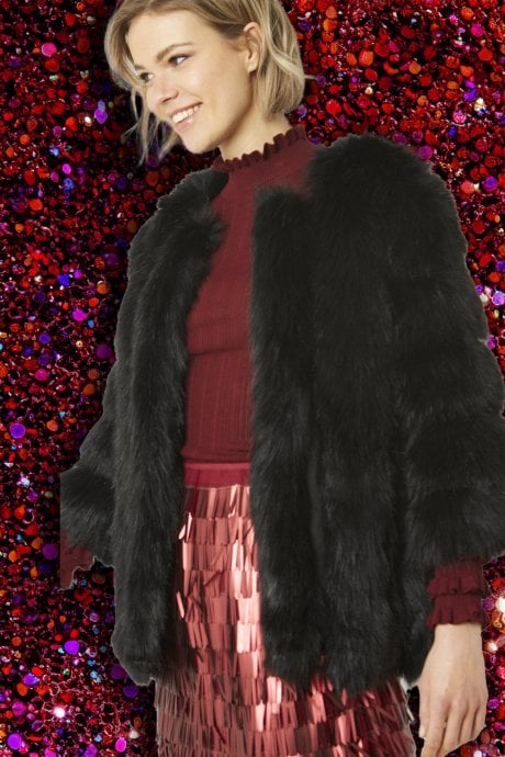 JAYLEY Black Faux Fur Coat