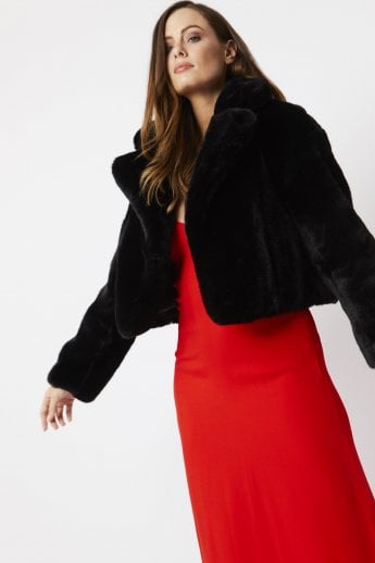 JAYLEY Black Faux Fur Cropped Coat