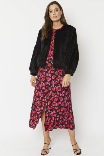 JAYLEY Black Faux Fur Cropped Jacket With Puff Sleeves