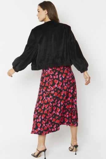 JAYLEY Black Faux Fur Cropped Jacket With Puff Sleeves