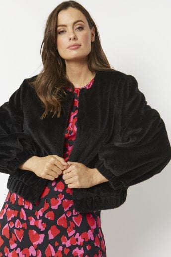 JAYLEY Black Faux Fur Cropped Jacket with Puff Sleeves