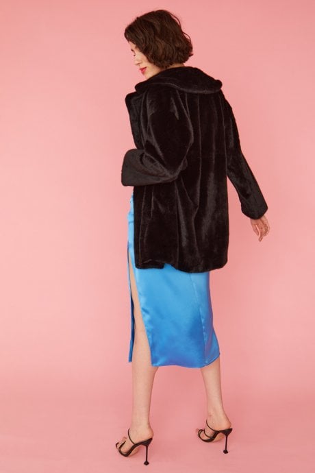 JAYLEY Black Faux Fur Duchess Midi Coat