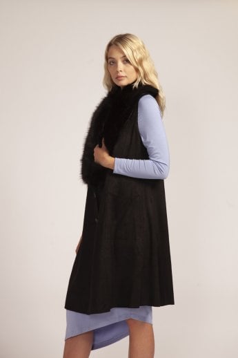 JAYLEY Black Faux Fur Faux Suede Gilet | Waistcoat
