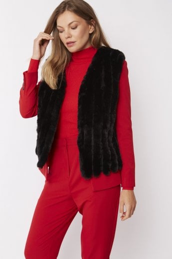 JAYLEY Black Faux Fur Faux Suede Vertical Stripe Gilet | Waistcoat