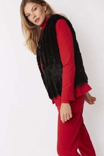 JAYLEY Black Faux Fur Faux Suede Vertical Stripe Gilet | Waistcoat