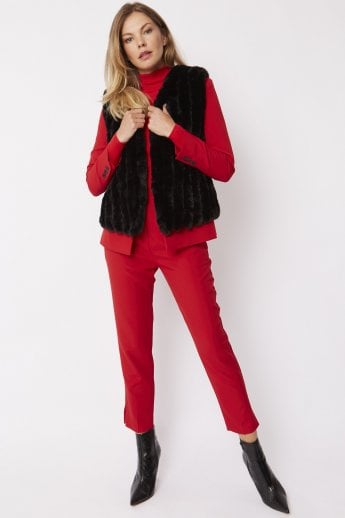 JAYLEY Black Faux Fur Faux Suede Vertical Stripe Gilet | Waistcoat