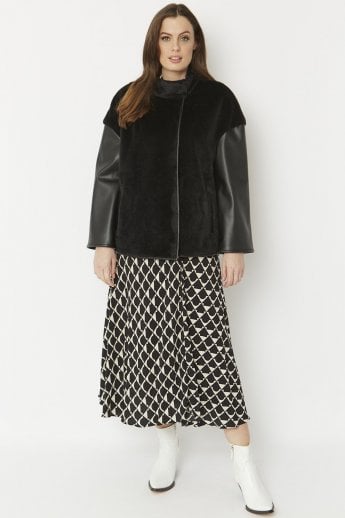 JAYLEY Black Faux Fur Jacket With Leather Effect Sleeve