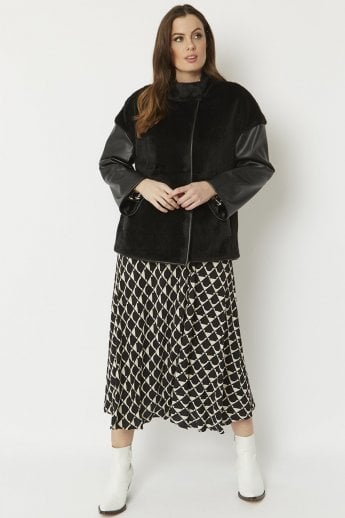 JAYLEY Black Faux Fur Jacket With Leather Effect Sleeve