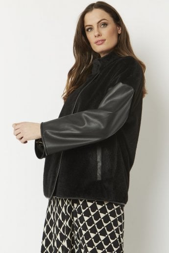 JAYLEY Black Faux Fur Jacket with Leather Effect Sleeve