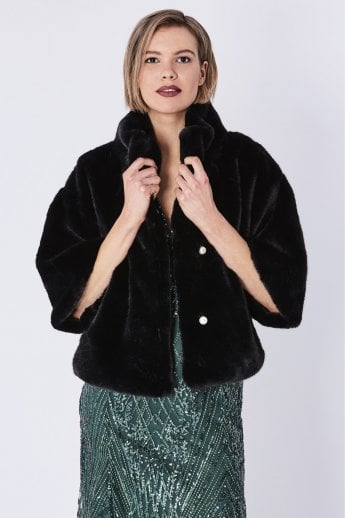 JAYLEY Black Faux Fur Jacket With Pearls