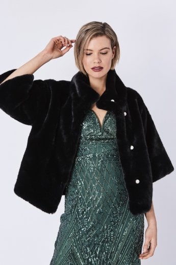 JAYLEY Black Faux Fur Jacket With Pearls