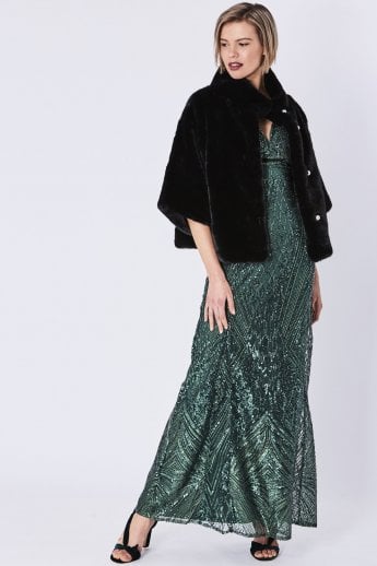 JAYLEY Black Faux Fur Jacket With Pearls