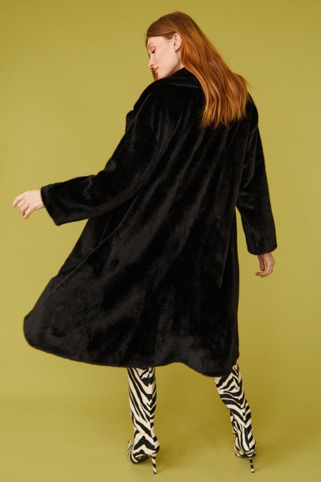 JAYLEY Black Faux Fur Midi Coat