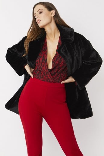 JAYLEY Black Faux Fur Midi Coat