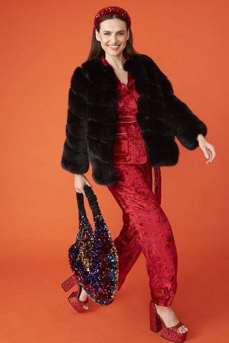 JAYLEY Black Faux Fur Striped Gaga Coat