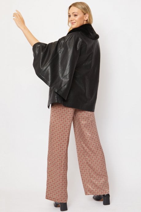 JAYLEY Black Faux Leather Cape Jacket Detachable Collar