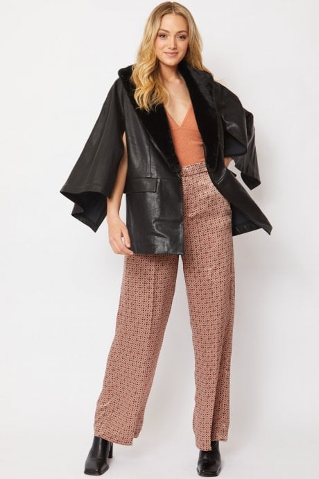 JAYLEY Black Faux Leather Cape Jacket Detachable Collar