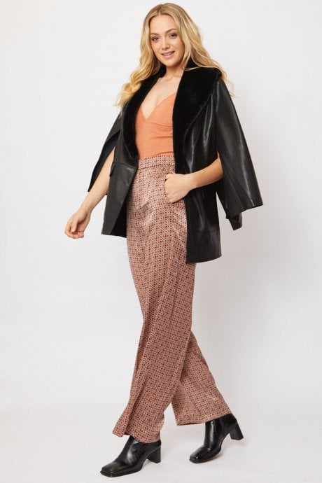 JAYLEY Black Faux Leather Cape Jacket Detachable Collar