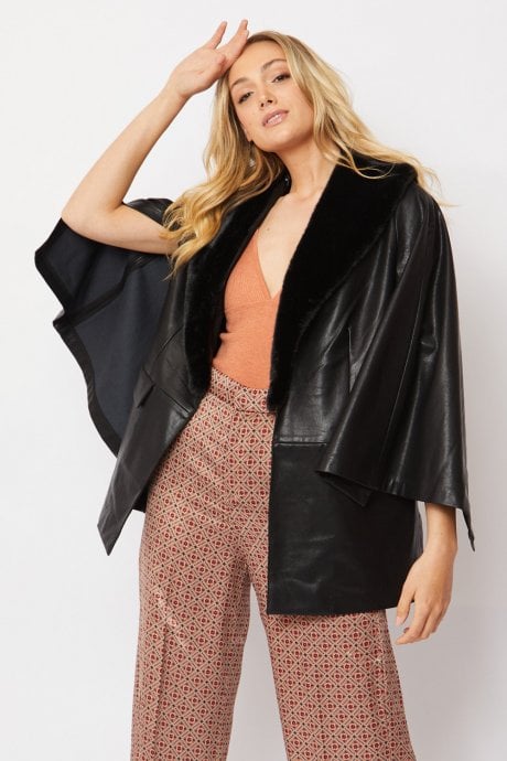 JAYLEY Black Faux Leather Cape Jacket Detachable Collar