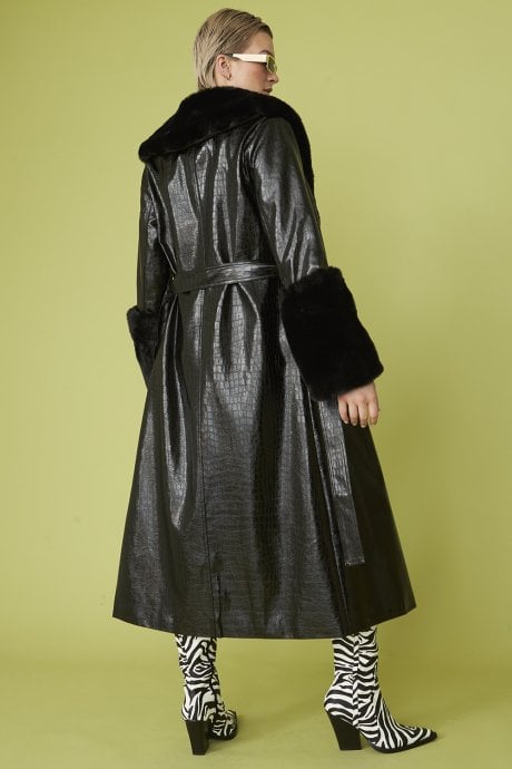 JAYLEY Black Faux Leather Jacket With Detachable Faux Fur Cuffs & Collar