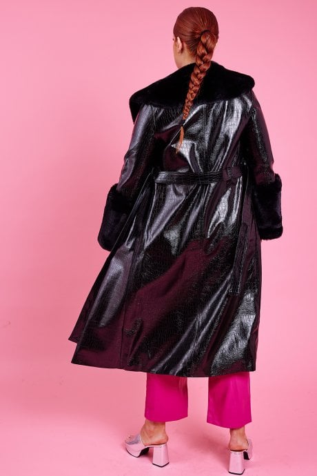 JAYLEY Black Faux Leather Jacket With Detachable Faux Fur Cuffs & Collar