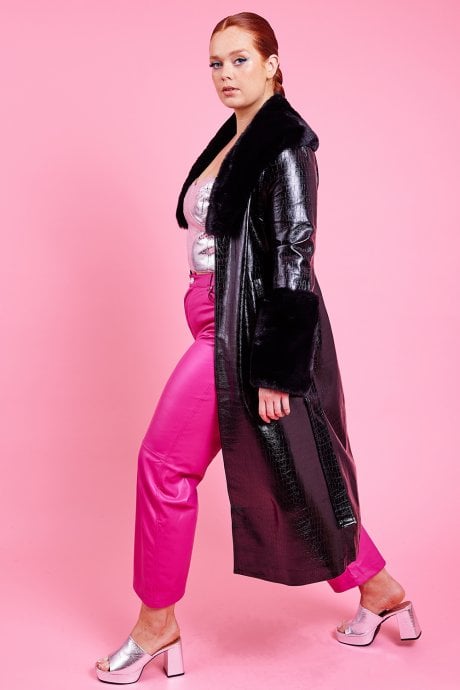 JAYLEY Black Faux Leather Jacket With Detachable Faux Fur Cuffs & Collar