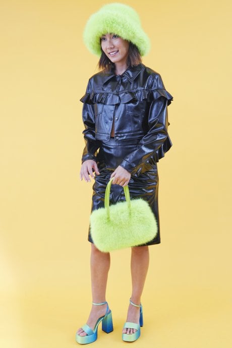 JAYLEY Black Faux Leather Ruffle Biker Jacket