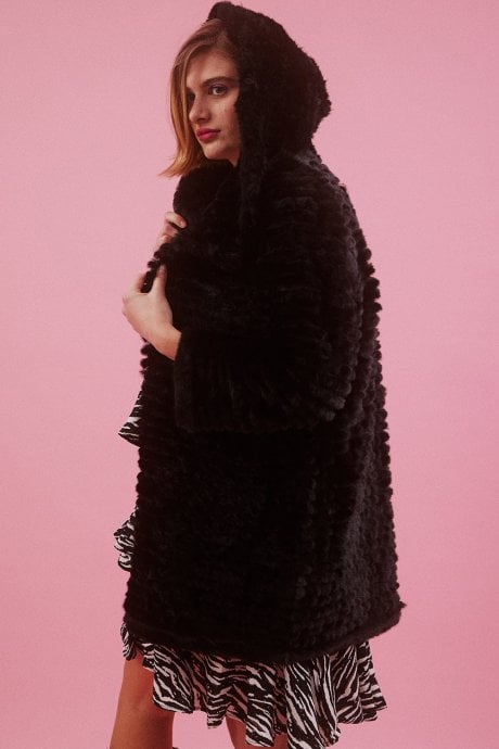JAYLEY Black Faux Mink Fur Hooded Coat