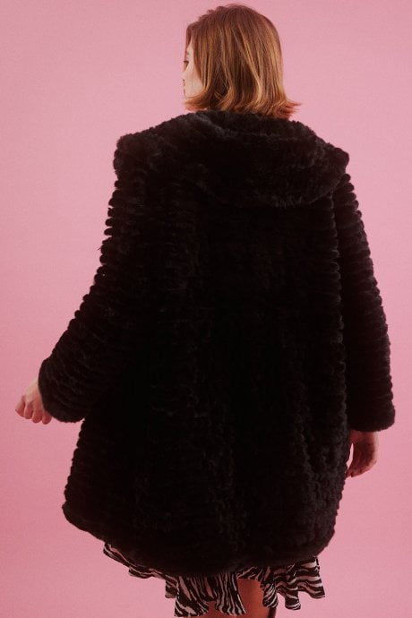 JAYLEY Black Faux Mink Fur Hooded Coat