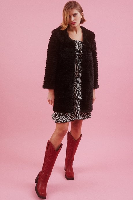 JAYLEY Black Faux Mink Fur Hooded Coat