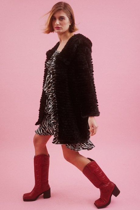 JAYLEY Black Faux Mink Fur Hooded Coat