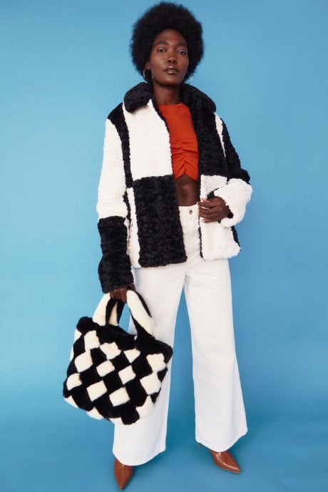 JAYLEY Black Faux Shearling Checkered Oversized Coat