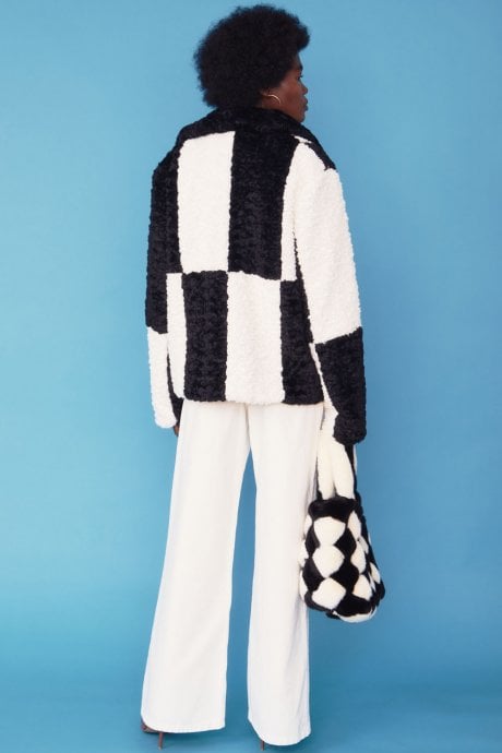 JAYLEY Black Faux Shearling Checkered Oversized Coat